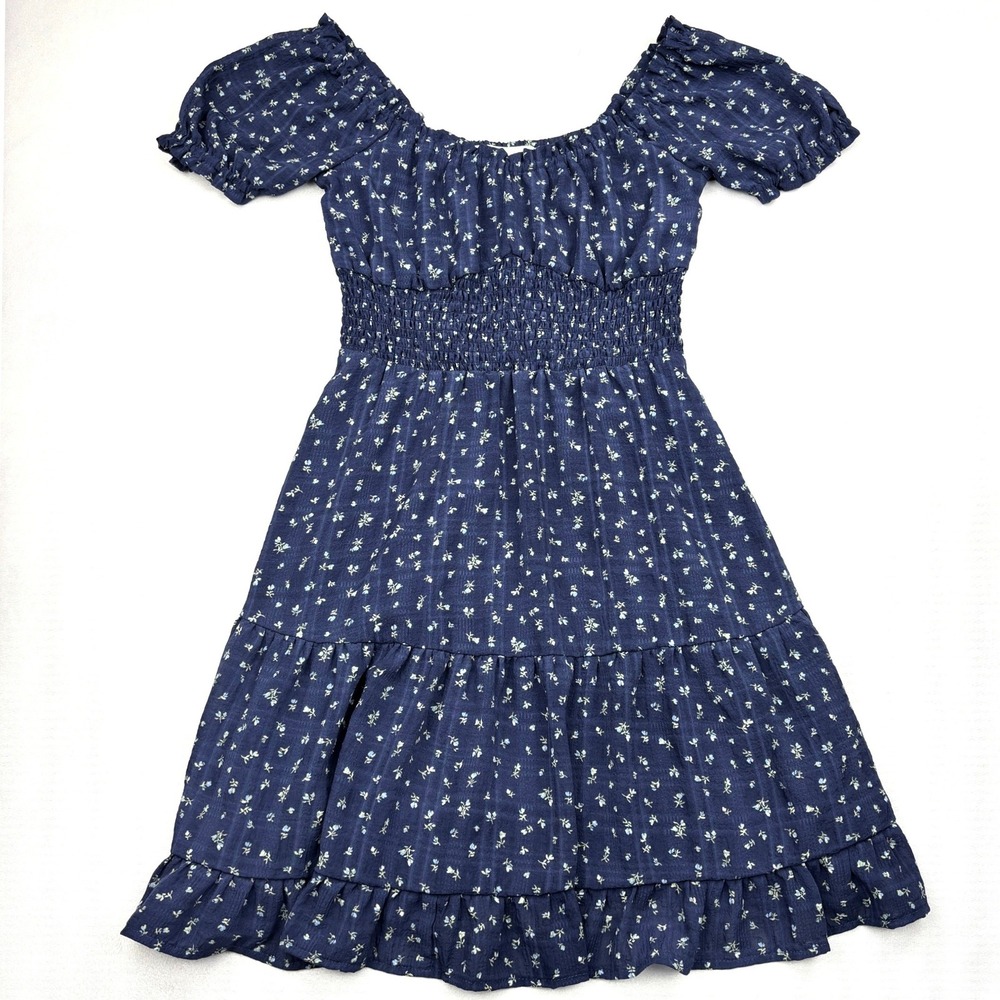 Altard State Dress Womens XS Navy Blue Ditsy Floral Smocked Tiered Puff Sleeve